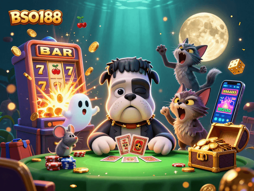 Experience thrilling gaming adventures at BSO188 with a lively casino scene featuring a Frankenstein bulldog dealer.