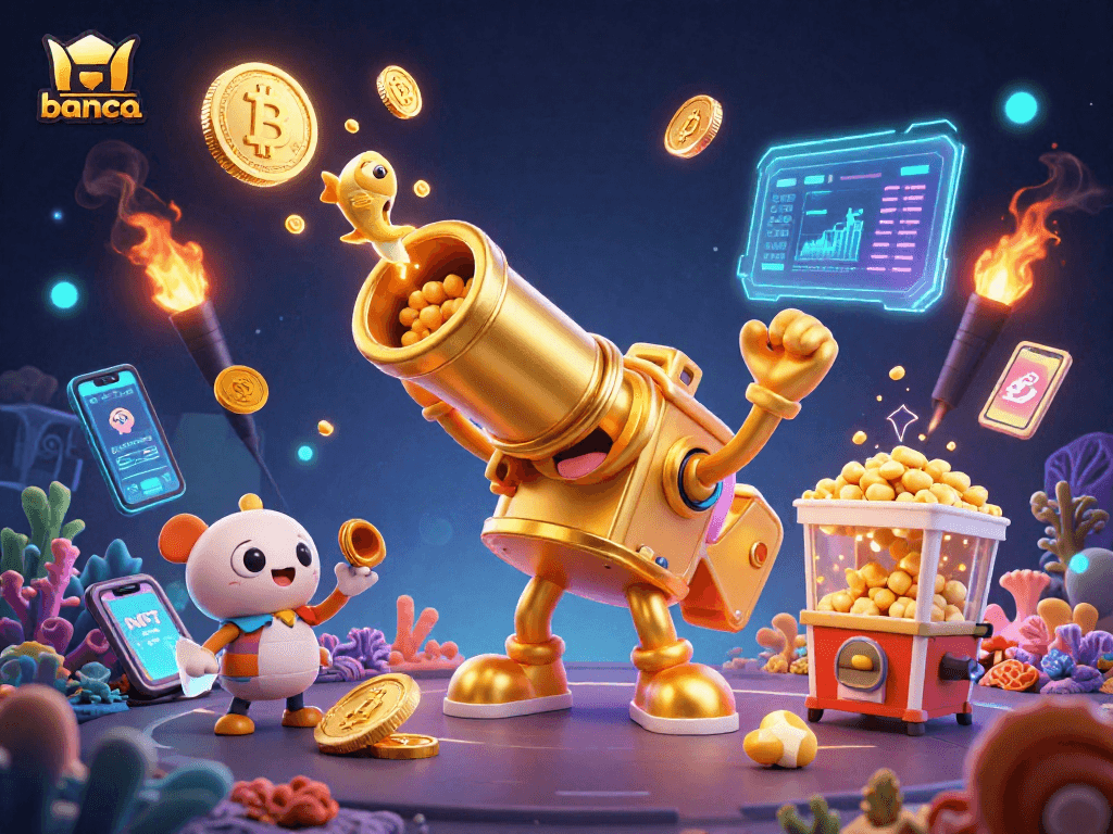 Banca promotes an exciting online fishing game with vibrant 3D characters and rewards.