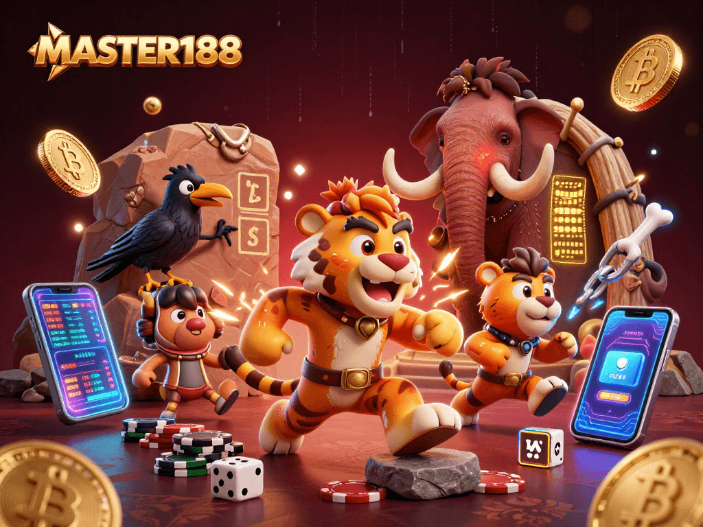 MASTER188 features a vibrant prehistoric casino scene with engaging characters and dynamic gambling elements.