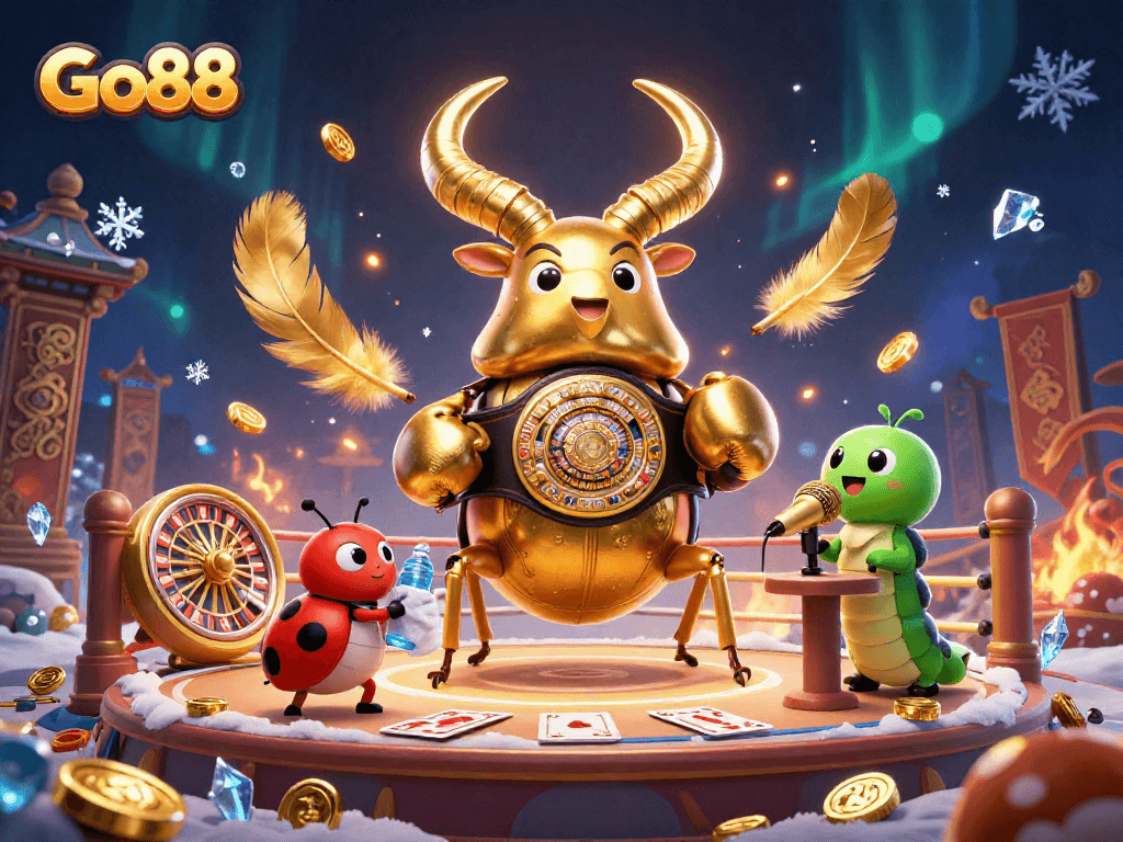 Experience fun with Go88, featuring casino elements like roulette and cards alongside vibrant cartoon characters.