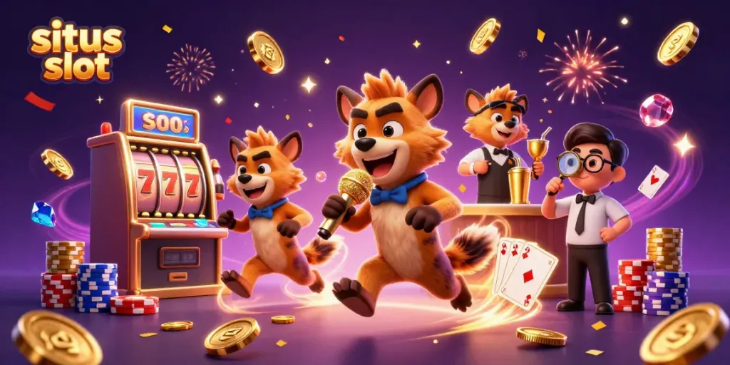 Menggali potensi permainan situs slot dengan hyena lucu di kasino, menampilkan jackpot dan koin emas yang berputar.