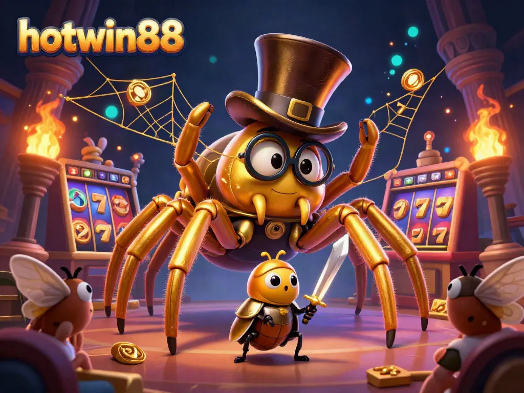 Engage in thrilling slots at hotwin88 with a golden tarantula, beetle knight, and dynamic game elements.