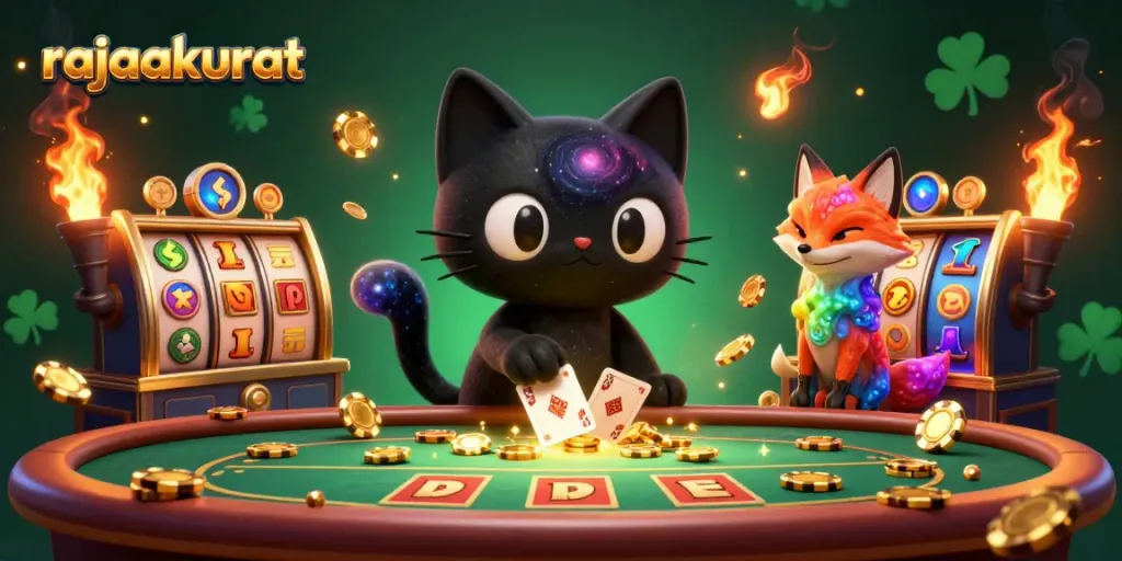 Rajaakurat menampilkan kucing lubang hitam 3D di meja kasino dengan simbol jackpot yang bersinar.