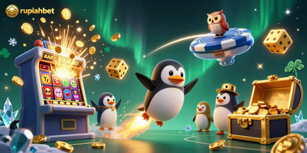 Experience the excitement of gambling with rupiahbet's colorful scene featuring a rocket-powered penguin and casino elements.