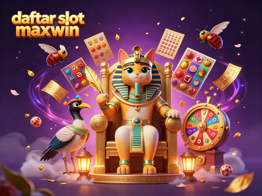 Engage with daftar slot maxwin as a cartoon pharaoh cat and ibis depict vibrant jackpot fun and lucky excitement.