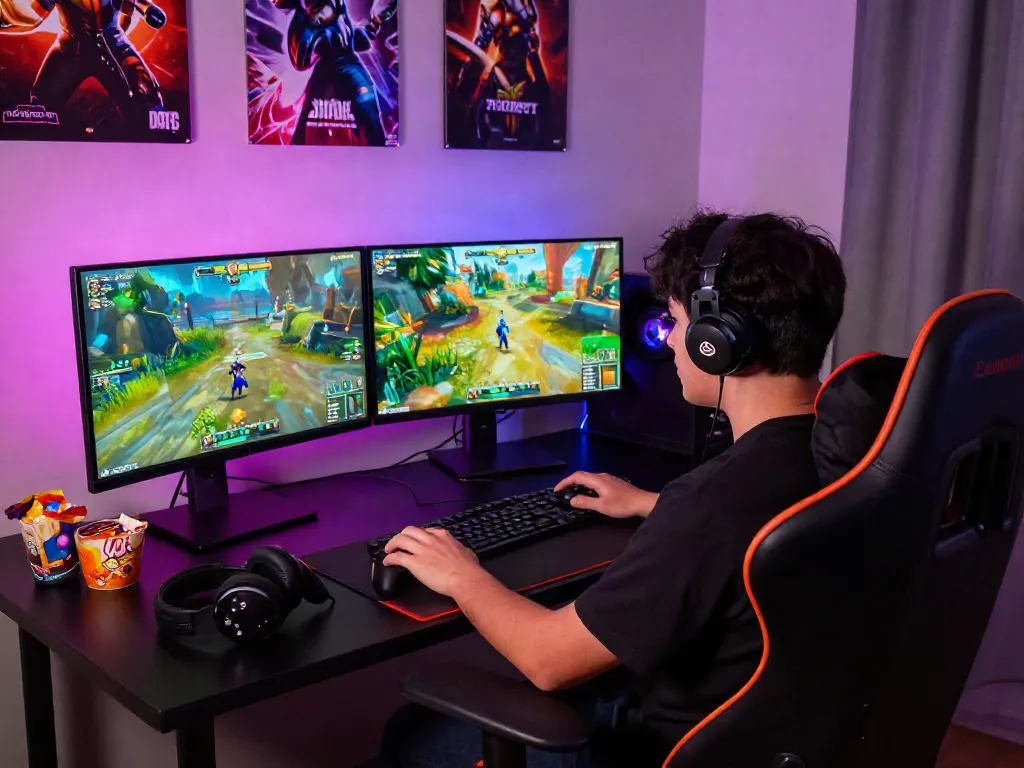 Penggemar diana4d bermain game di ruang gaming modern dengan pencahayaan ambient.