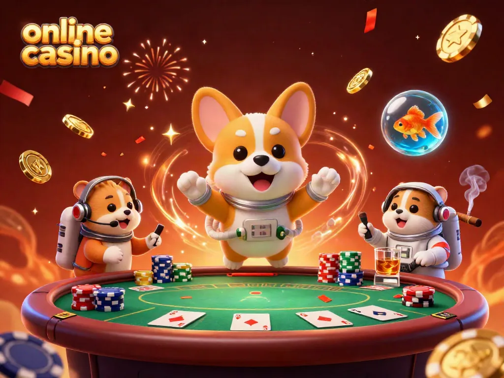 Experience the thrill of an online casino with a floating corgi astronaut surrounded by poker elements.