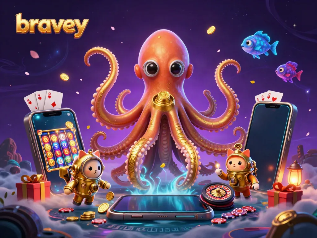 bravey showcases vibrant underwater casino action with a kraken and a diving cat amidst colorful gaming elements