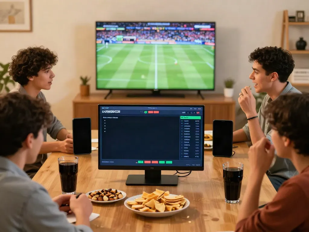 Friends enjoying unsurtoto sports betting in a lively living room.