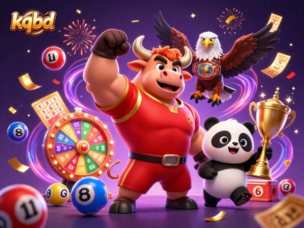 Experience kqbd with a vibrant 3D scene featuring a bull, eagle, and panda celebrating together amid dynamic gambling elements.
