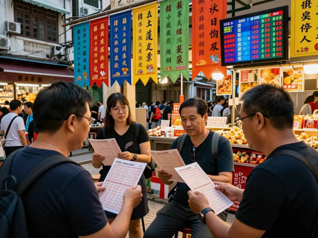 Engaging Macau Togel market scene with vibrant interactions and betting excitement, featuring rajabandot results display.