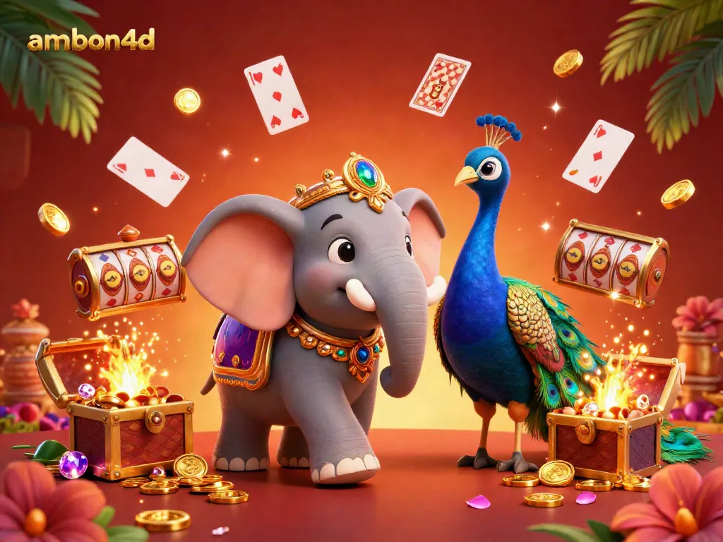 Experience the thrill of ambon4d with a vibrant Diwali-themed casino scene featuring a colorful elephant and dynamic gaming elements.