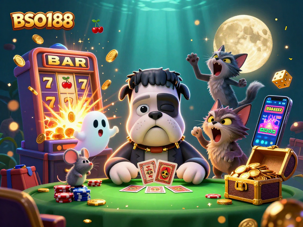 Experience thrilling gaming adventures at BSO188 with a lively casino scene featuring a Frankenstein bulldog dealer.