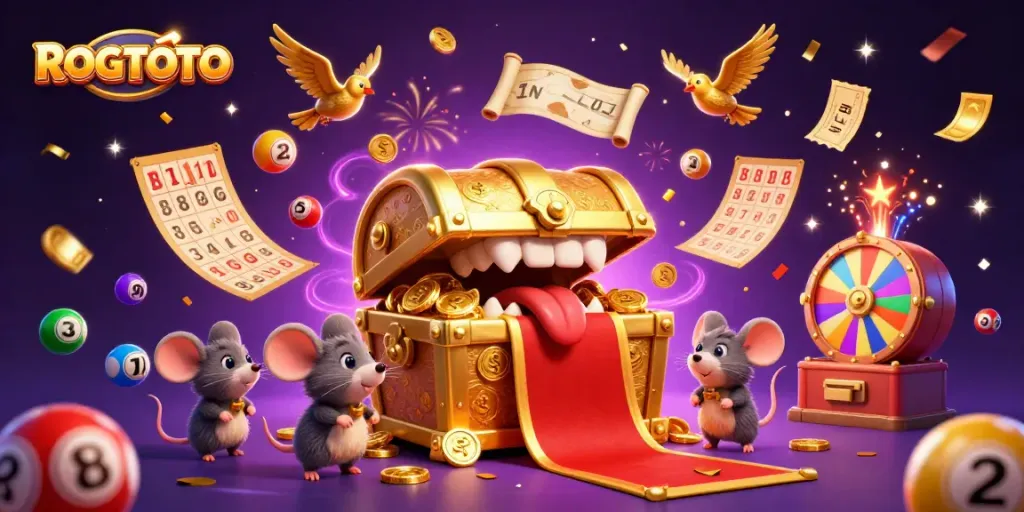 Join the excitement at ROGTOTO with a vibrant illustration of treasure hunting adventure and gaming riches.