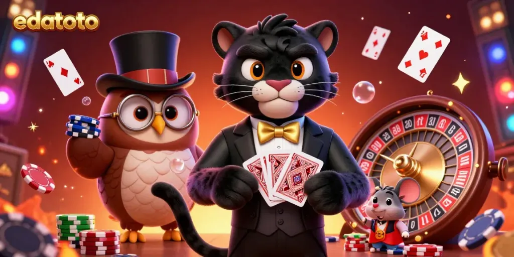 Play cards with edatoto's stylish black panther dealer, an owl, and a lucky mouse in a fun casino scene.