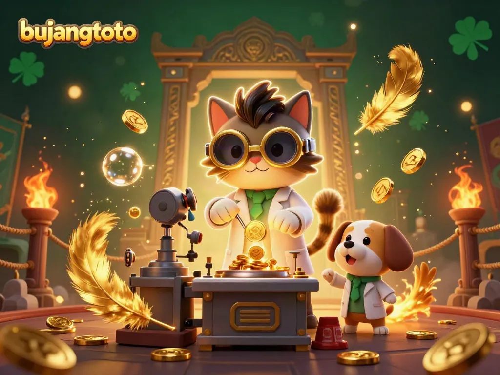 Engage with bujangtoto through a vibrant casino scene with a lively cartoon scientist creating gold.