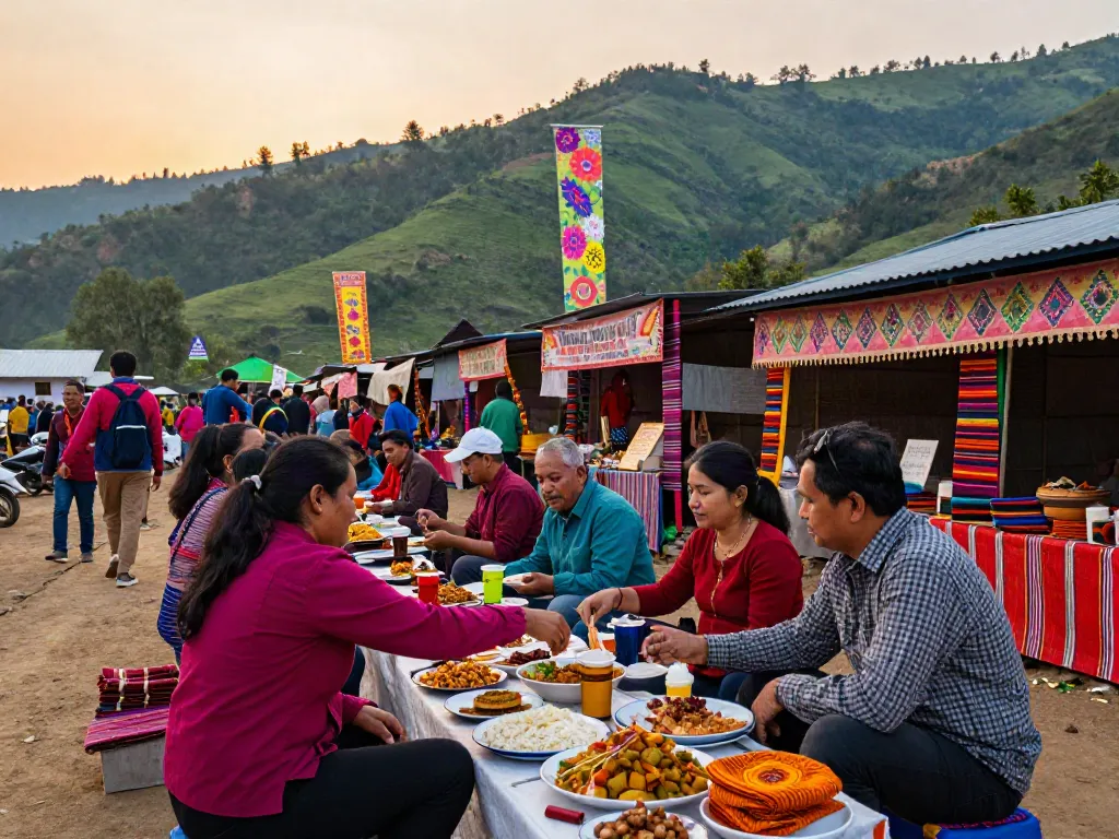 Pemandangan pasar lokal Pakhoki yang ramai dengan wisatawan menikmati makanan khas dan kerajinan tangan, suasana ceria menjelang sore.