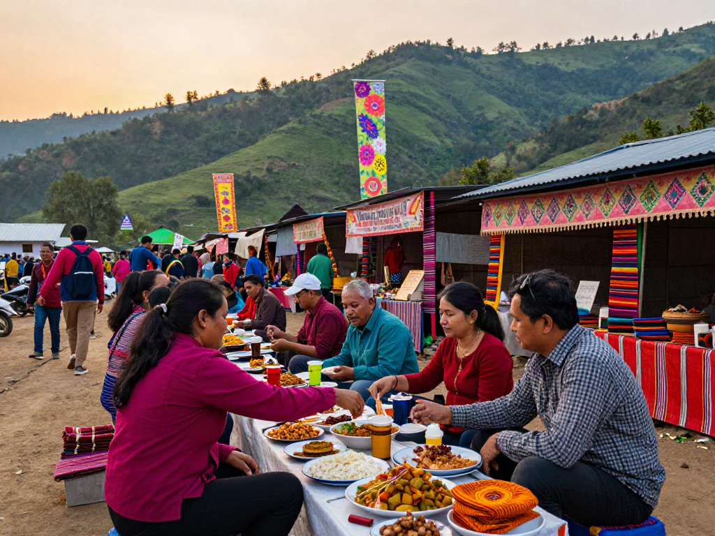 Pemandangan pasar lokal Pakhoki yang ramai dengan wisatawan menikmati makanan khas dan kerajinan tangan, suasana ceria menjelang sore.