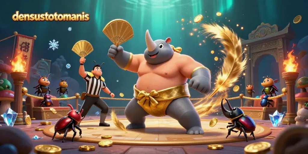 Experience thrilling gameplay with densustotomanis featuring a dynamic sumo battle scene in a vibrant arena.