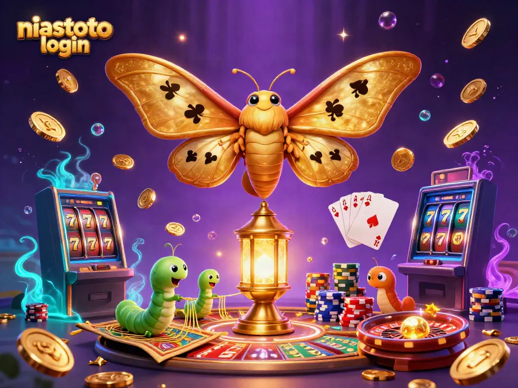Menyaksikan keajaiban kasino dengan niastoto login, rama-rama atlas 3D dan koin emas.