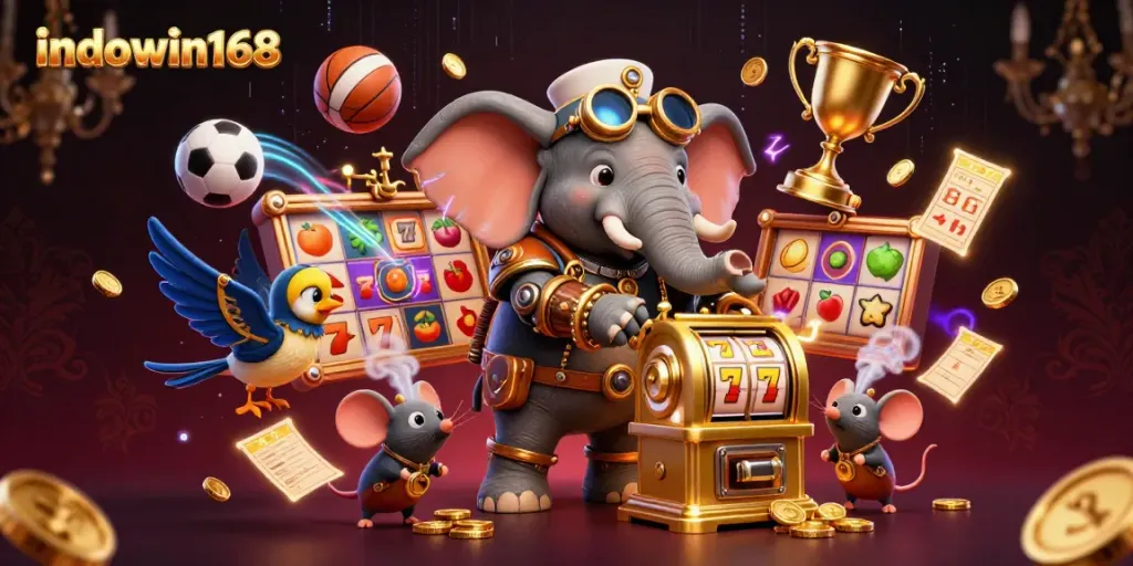 Spin the reels with indowin168 in a vibrant steampunk casino scene filled with golden slots and sports excitement.