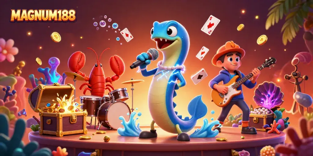 Experience MAGNUM188's vibrant underwater casino atmosphere with a DJ electric eel performing in 3D.