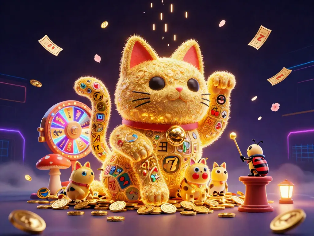 Experience the excitement of Roma77 with a dynamic lucky cat surrounded by vibrant slot symbols and golden tickets.