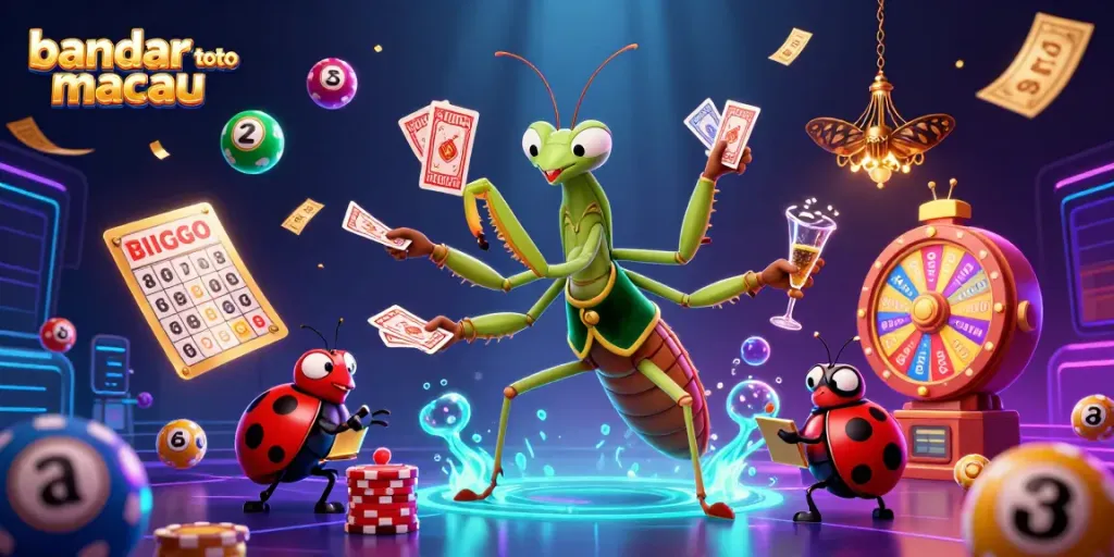 Ilustrasi bandar toto macau yang dinamis dengan karakter kasino, bola lotere berwarna, dan suasana gemerlap