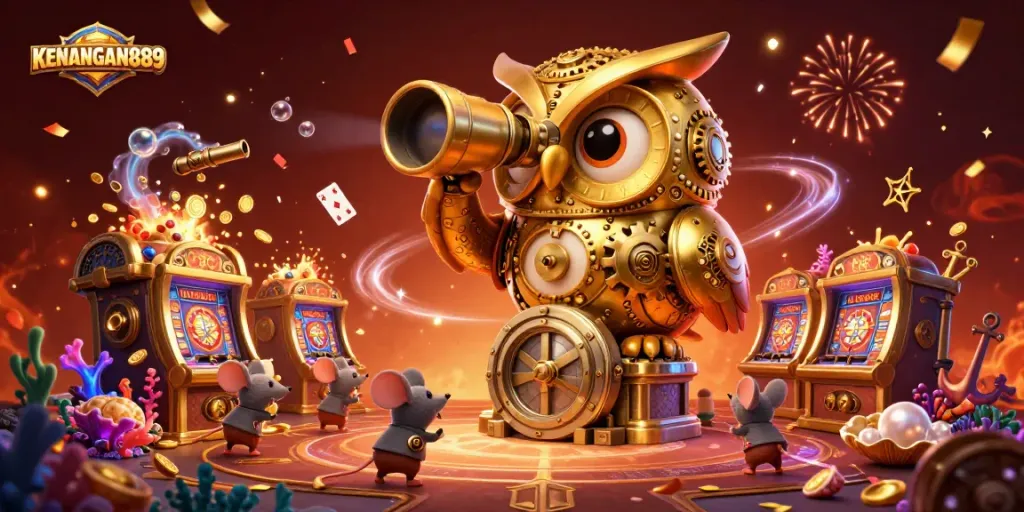 Play thrilling games at KENANGAN889 with a vivid 3D illustration of a golden owl and lively casino elements.