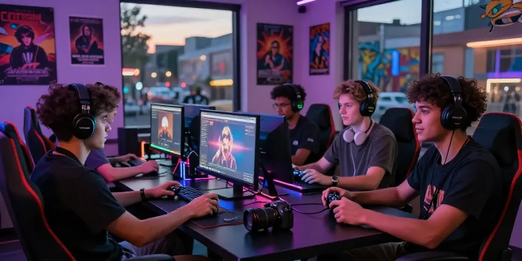 Dynamic urban music and gaming scene at https://jakartabeat.net with friends engaging and vibrant city backdrop.