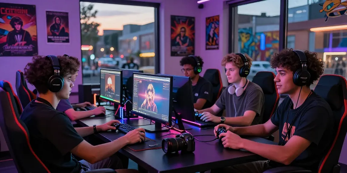 Dynamic urban music and gaming scene at https://jakartabeat.net with friends engaging and vibrant city backdrop.