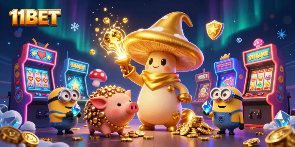 Experience the thrill of 11BET casino with vibrant 3D characters in a magical gaming scene.