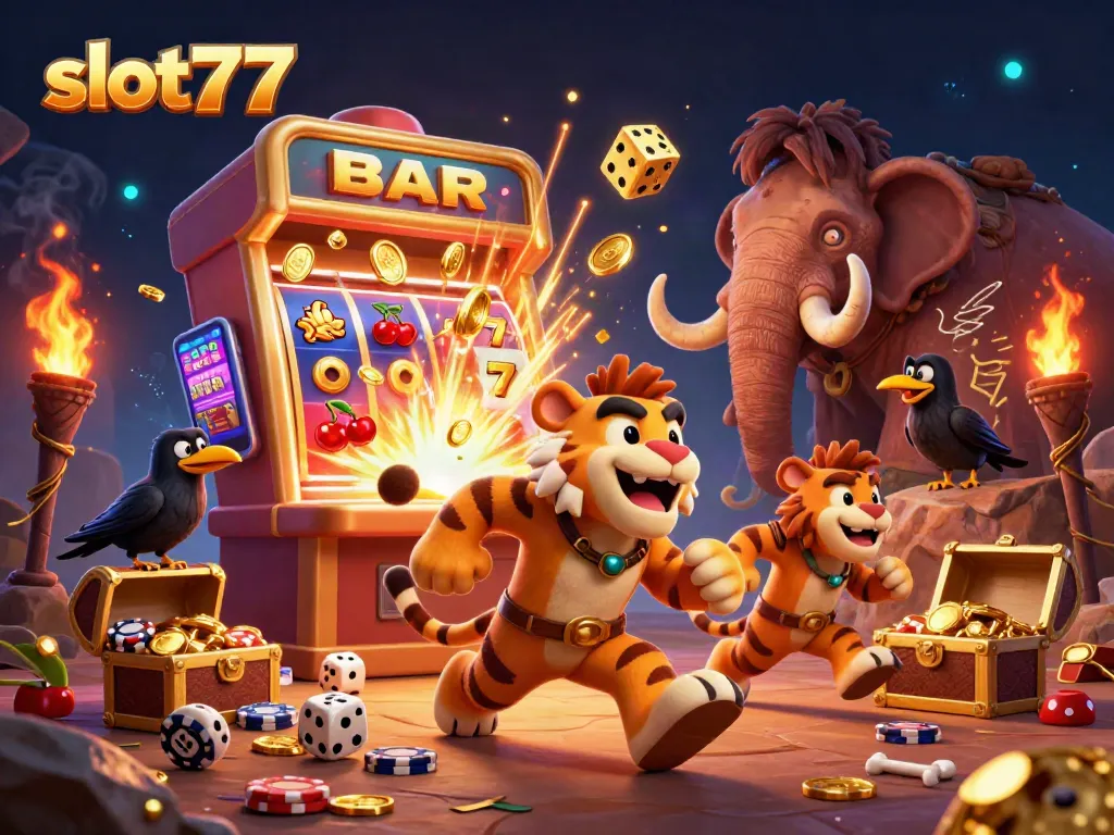 Experience the thrill of slot777 with vibrant characters and dynamic casino elements in a 3D illustration.