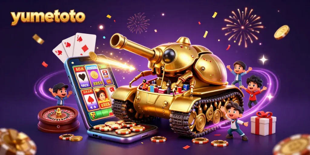 Experience excitement at yumetoto with a vibrant casino illustration featuring games and celebration elements.