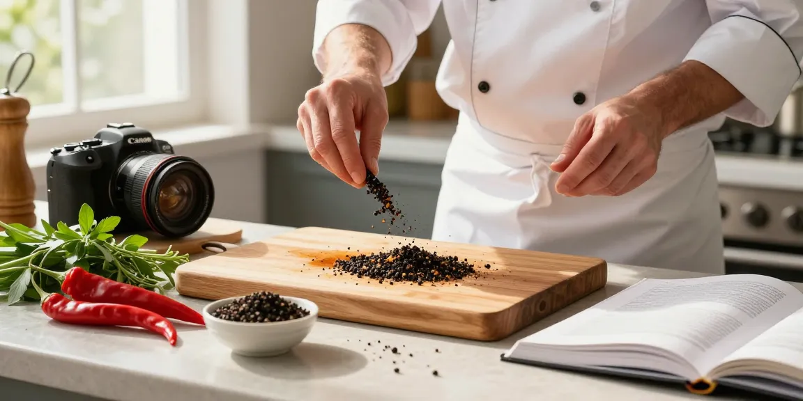 Memasak saus lada hitam menggunakan lada pecah25 dengan bahan segar di dapur yang cerah.