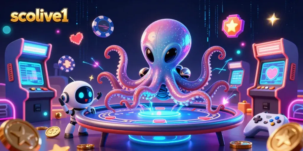Join the action at socolive1, where an alien octopus deals cards at a holographic poker table.
