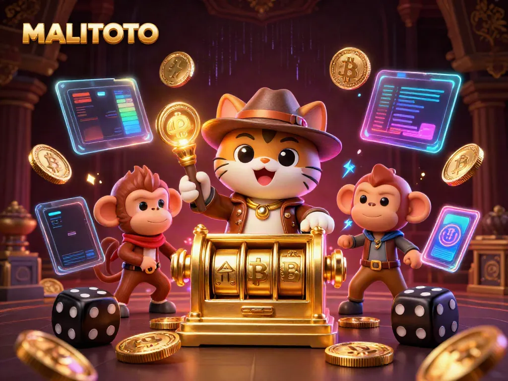 Engage with MALITOTO's exciting casino atmosphere featuring an explorer cat uncovering golden slot artifacts among vibrant cryptocurrencies.