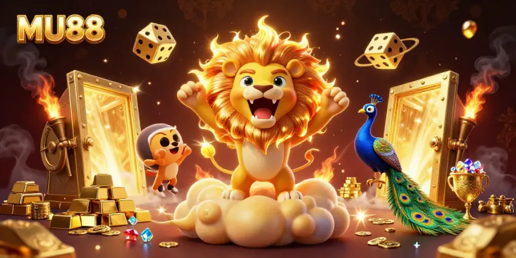 Experience the thrill of winning at MU88 with our vibrant casino scene featuring golden treasures and lively characters.