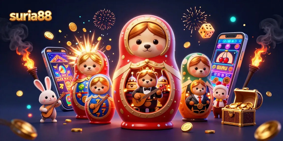 Experience excitement at suria88 with a vibrant 3D casino theme featuring playful characters and games.