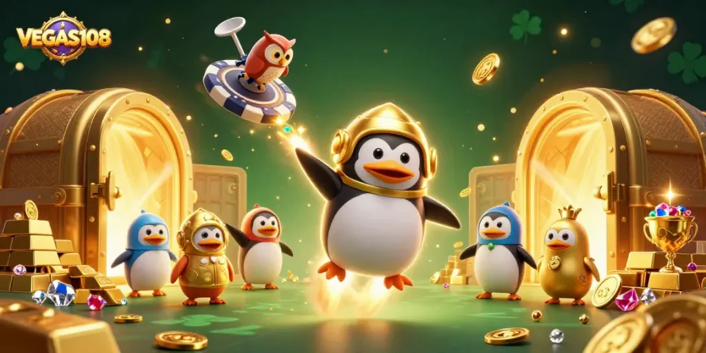 Win big with VEGAS108 as a golden penguin blasts through a vivid casino-themed universe.
