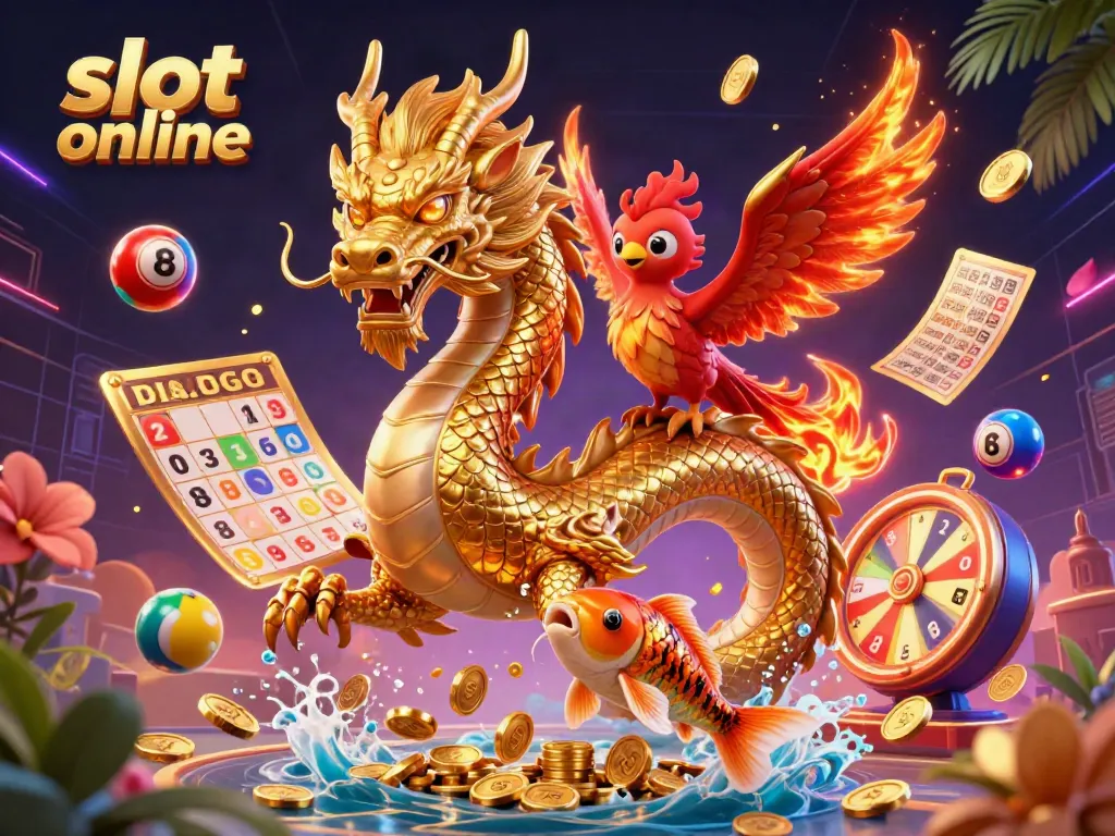 Experience the excitement with vibrant slot online elements enhanced by dragons, phoenixes, and coins.