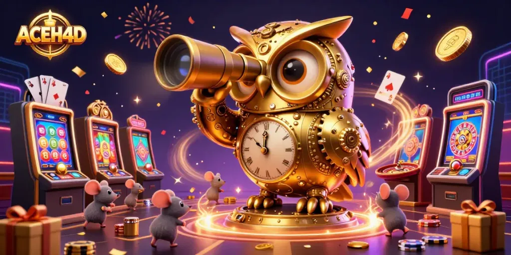 Experience the dynamic excitement of ACEH4D with a golden owl and vibrant casino elements.