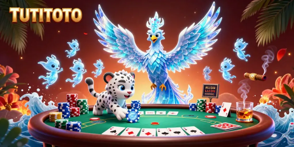 Engage with TUTITOTO at a dynamic poker table surrounded by magical characters and vibrant gambling elements.