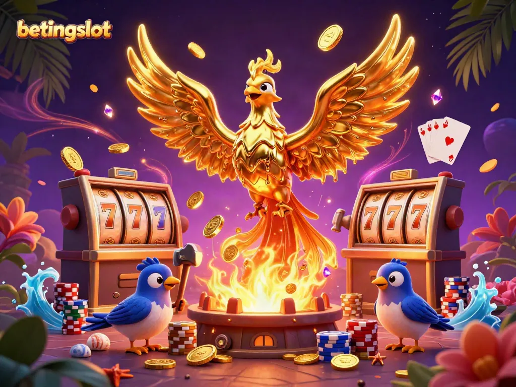 Gambarkan aksi menarik betingslot dengan phoenix emas yang mengeluarkan koin, serta simbol slot keberuntungan.