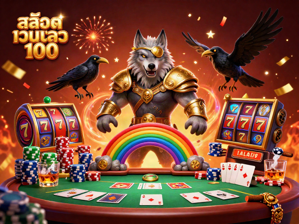 Experience the thrilling world of สล็อตเว็บตรง100 with Odin and ravens in a vibrant 3D casino scene.
