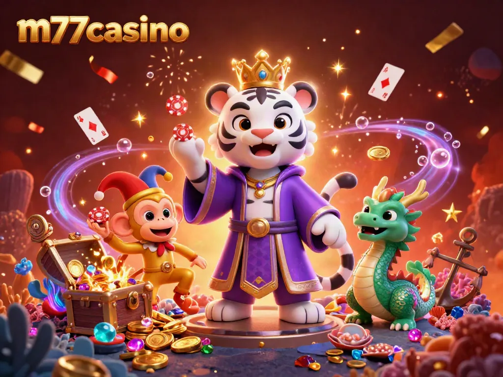 Mainkan m77casino dengan gaya! Ilustrasi kasino bertema dengan harimau, monyet, dan naga.