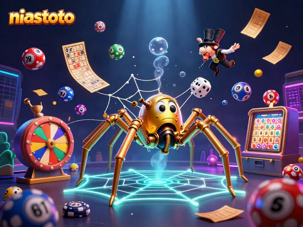 Permainan kasino di niastoto dengan laba-laba emas yang menangkap dadu tidak beruntung dan bola lotere berwarna.
