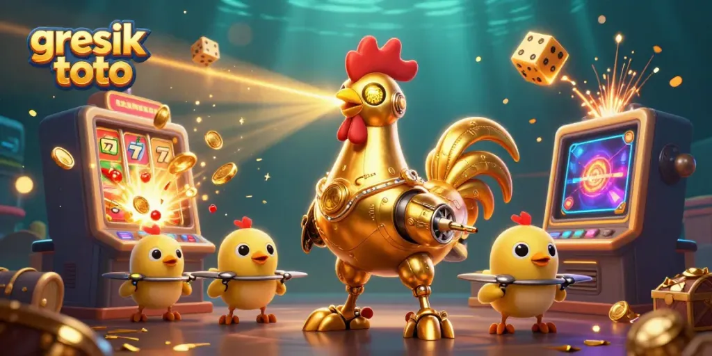 Experience thrills at gresik toto with dynamic slot action and vibrant characters in this colorful casino scene.