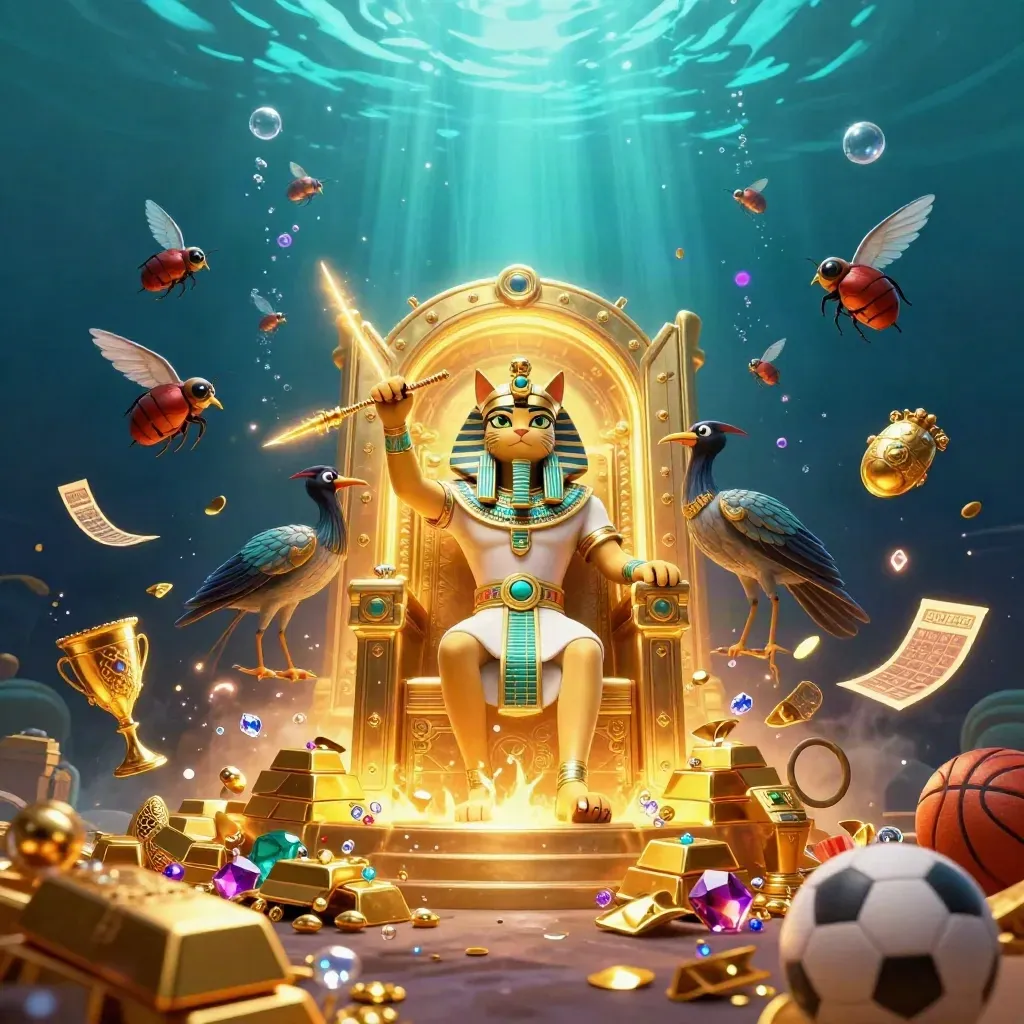 Kucing firaun, penulis ibis, dan scarab emas di bawah pintu harta, dengan bola olahraga dan gradien laut neon.