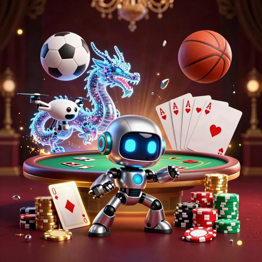 Robot cyberpunk, naga hologram, dan drone di tengah kartu poker, bola olahraga, dan cahaya emas.